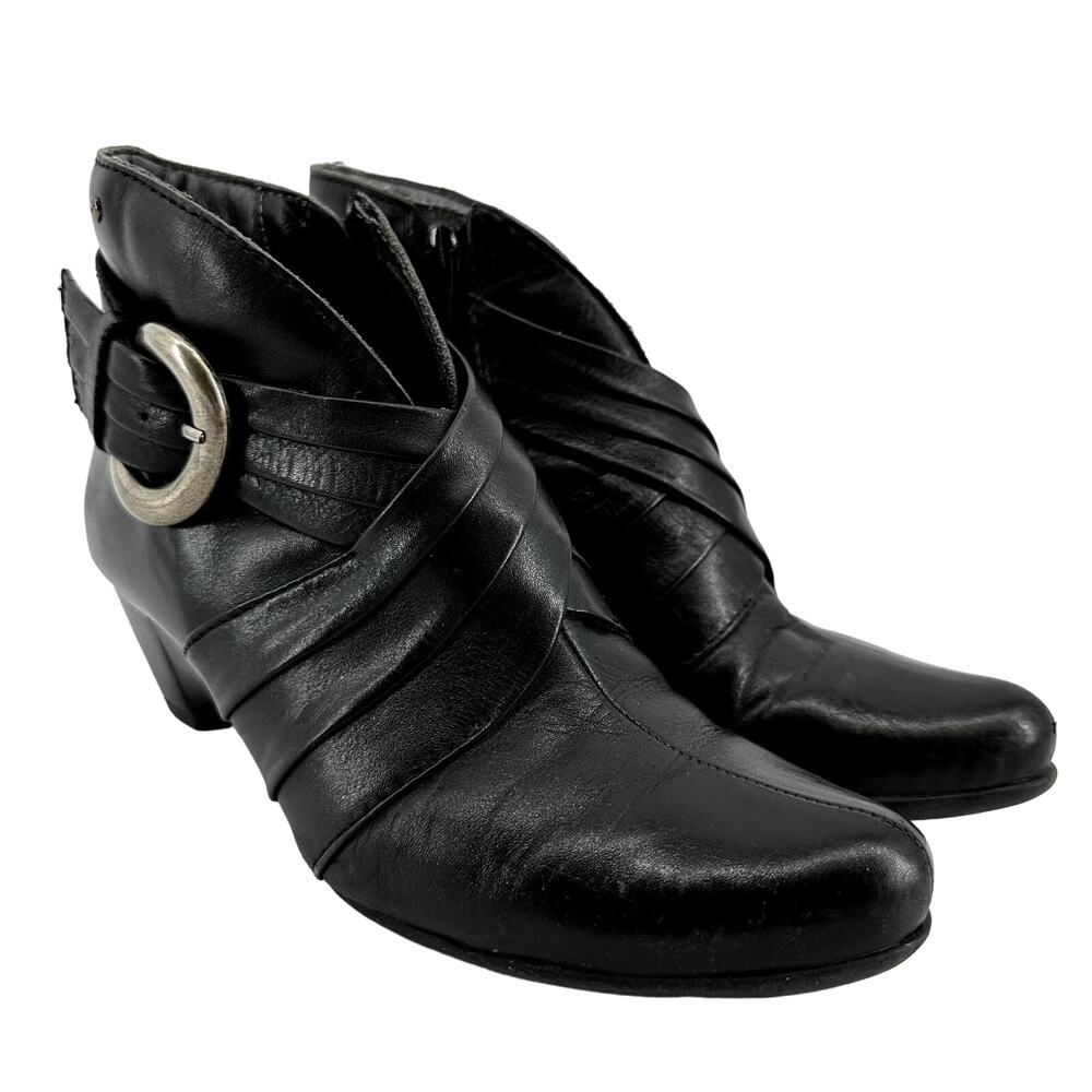 Pikolinos Ankle Boots Leather Pleated Buckle Almond Toe Heeled Black 5
